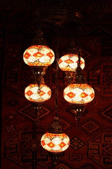 Turkish Red Orange White Five Lamp Mosaic Chandelier