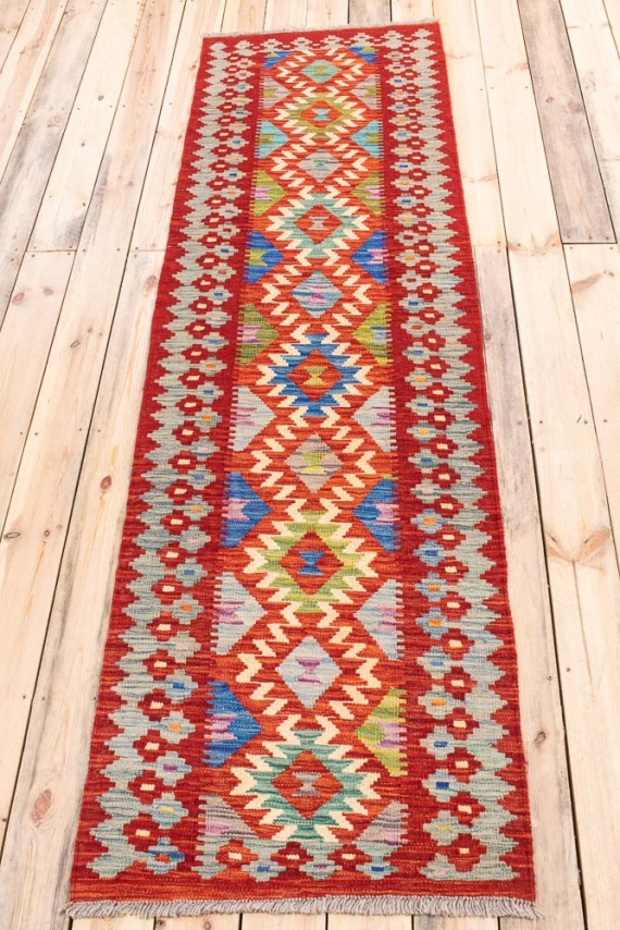 11532 Afghan Vegetable Dyed Kilim Hallway Runner Rug 74x256cm (2.5 x 8.4ft)