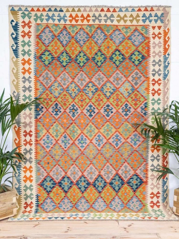 12388 Large Afghan Vegetable Dyed Kilim Rug 206x294cm (6.9 x 9.7ft)