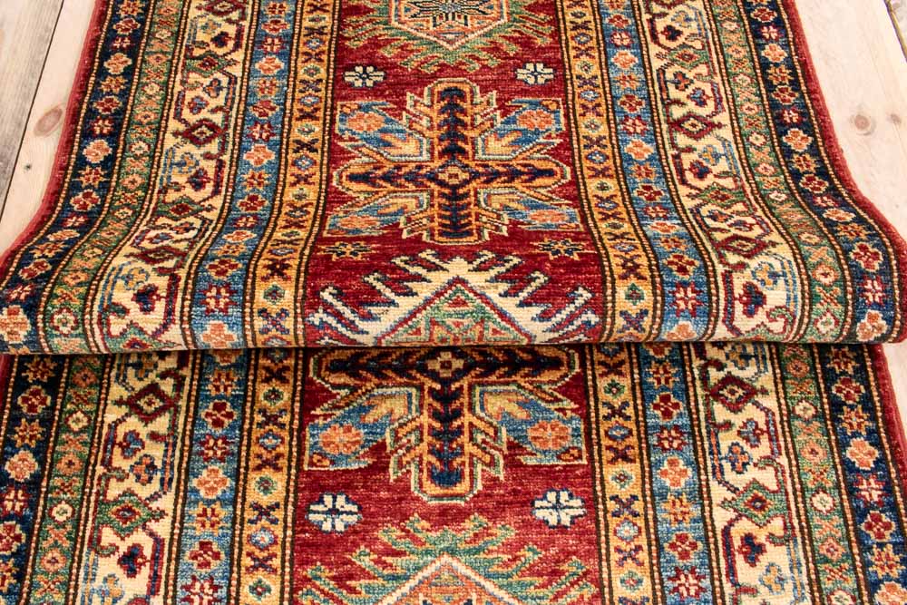 11527 Fine Red Afghan Kazak Hallway Runner Rug 77x202cm (2.6 x 6.7ft)