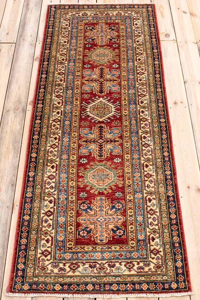 11527 Fine Red Afghan Kazak Hallway Runner Rug 77x202cm (2.6 x 6.7ft)