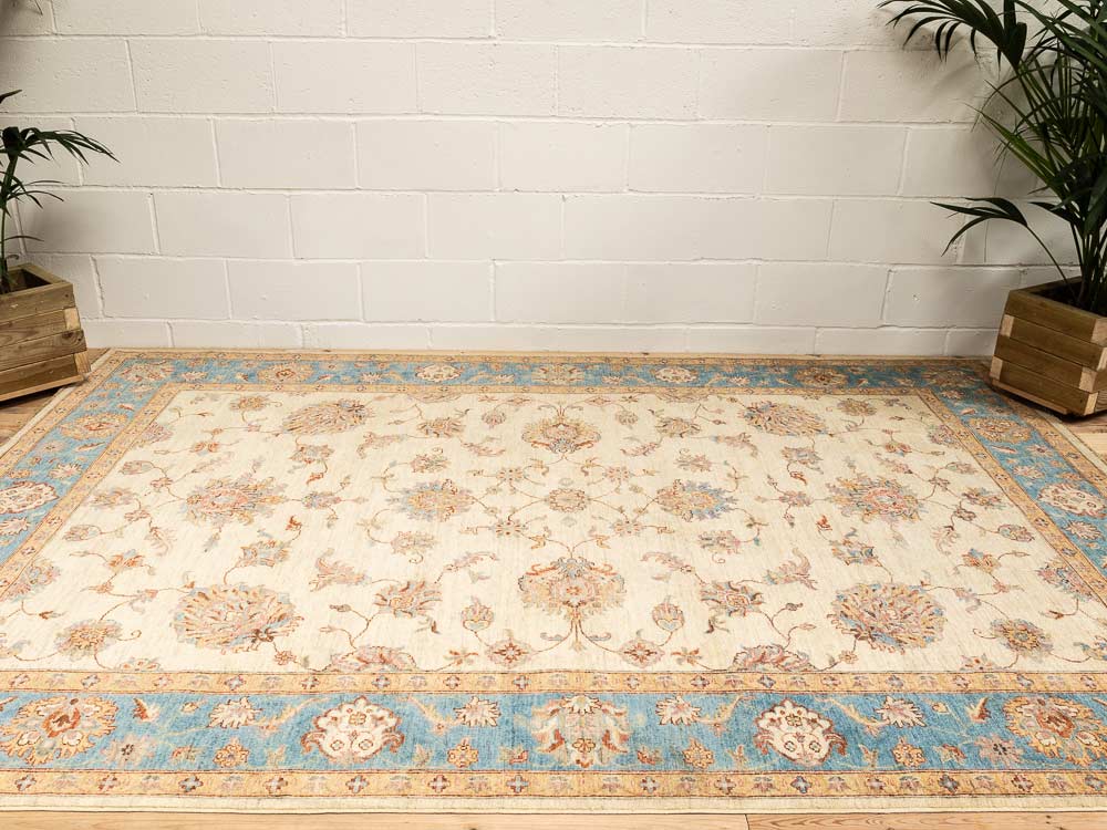 12221 Large Fine Blue Cream Afghan Ziegler Carpet 209x300cm (6.10 x 9.10ft)