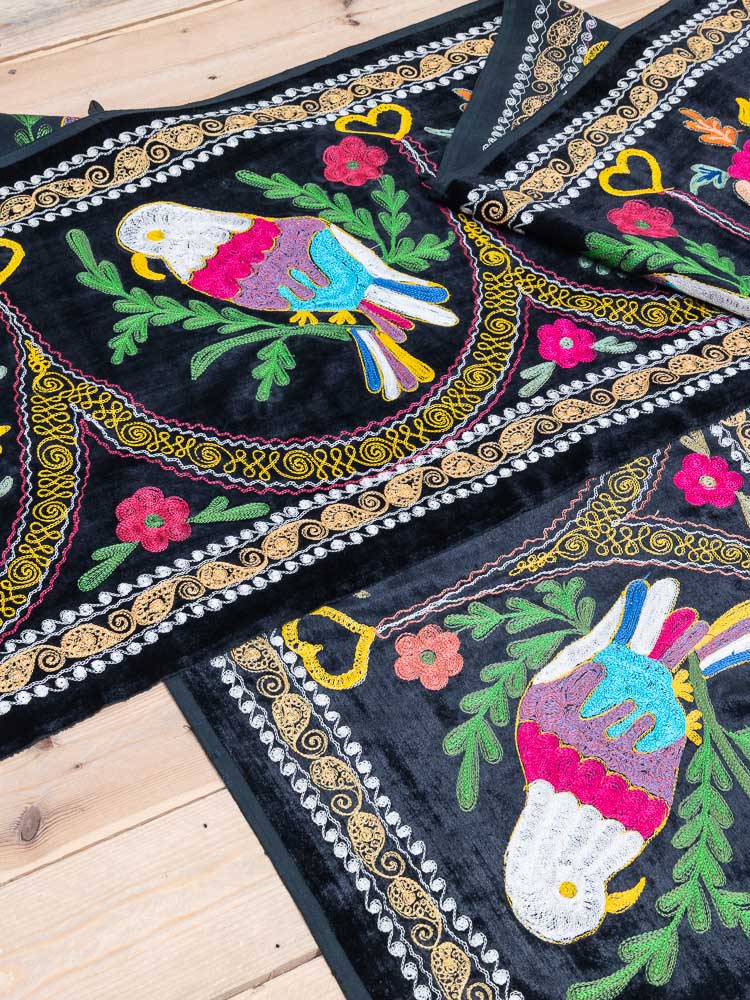 SUZ902 Long Black Velvet Vintage Uzbek Bird Suzani Pelmet Textile 55x390cm (1.9 x 12.9ft)