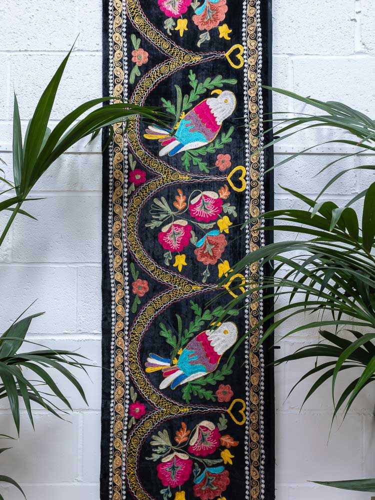 SUZ902 Long Black Velvet Vintage Uzbek Bird Suzani Pelmet Textile 55x390cm (1.9 x 12.9ft)