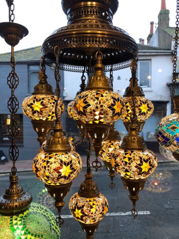 Turkish Amber Star Nine Lamp Mosaic Chandelier