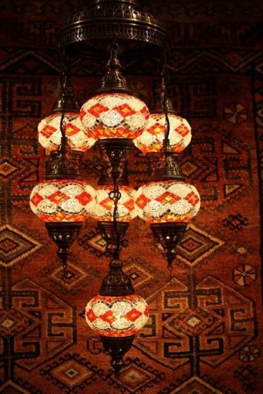 Turkish Red Orange White Seven Lamp Mosaic Chandelier