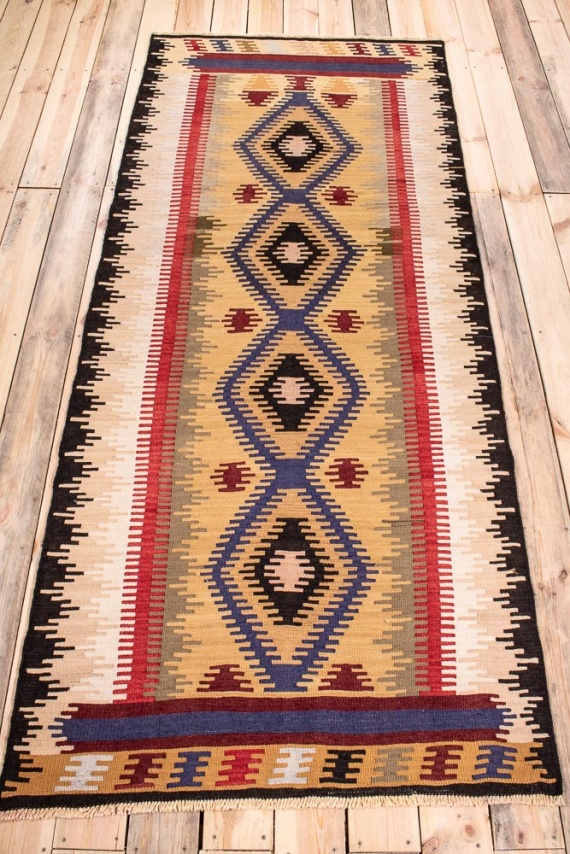 10745 Vintage Turkish Obruk Kilim Runner Rug 105x259cm (3.5 x 8.6ft)