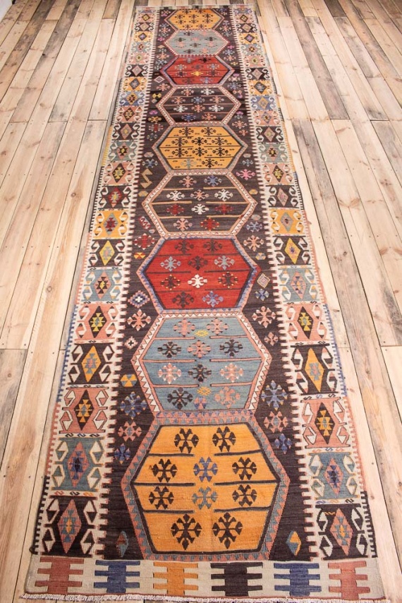 10750 Vintage Turkish Yozgat Kilim Runner Rug 111x485cm (3.7 x 15.11ft)