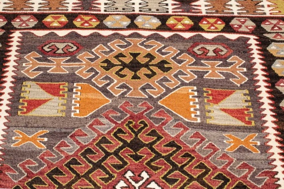 Vintage Turkish Adana Kilim Rug 82x183cm With Gold Thread and Emblems