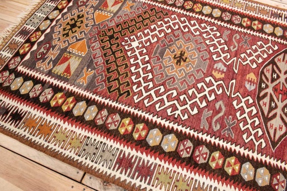 Vintage Turkish Adana Kilim Rug 82x183cm With Gold Thread and Emblems