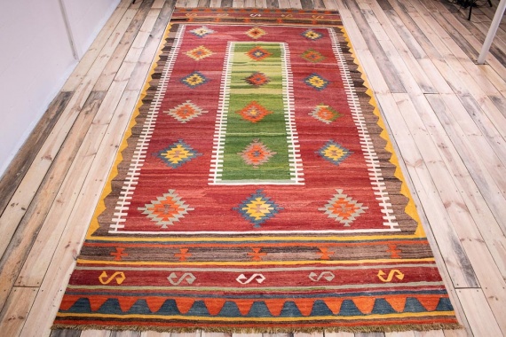 11150 Vintage Turkish Isparta Kilim Rug 182x381cm (5.11 x 12.6ft)