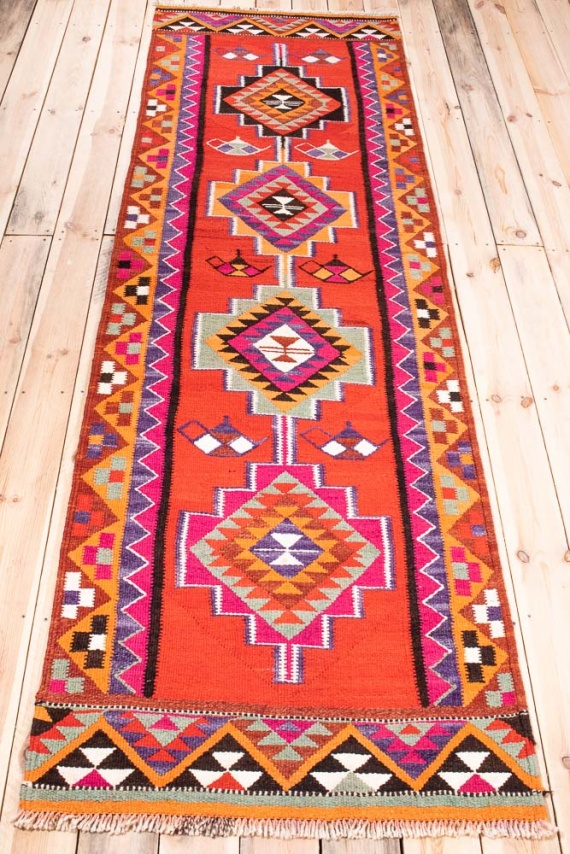 11208 Vintage Kurdish Herki Kilim Runner Rug 87x295cm (2.10 x 9.8ft)