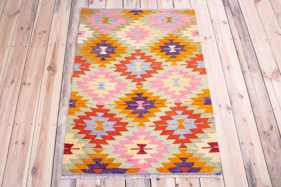 11238 Vintage Turkish Denizli Kilim Rug 87x125cm (2.10 x 4.1ft)