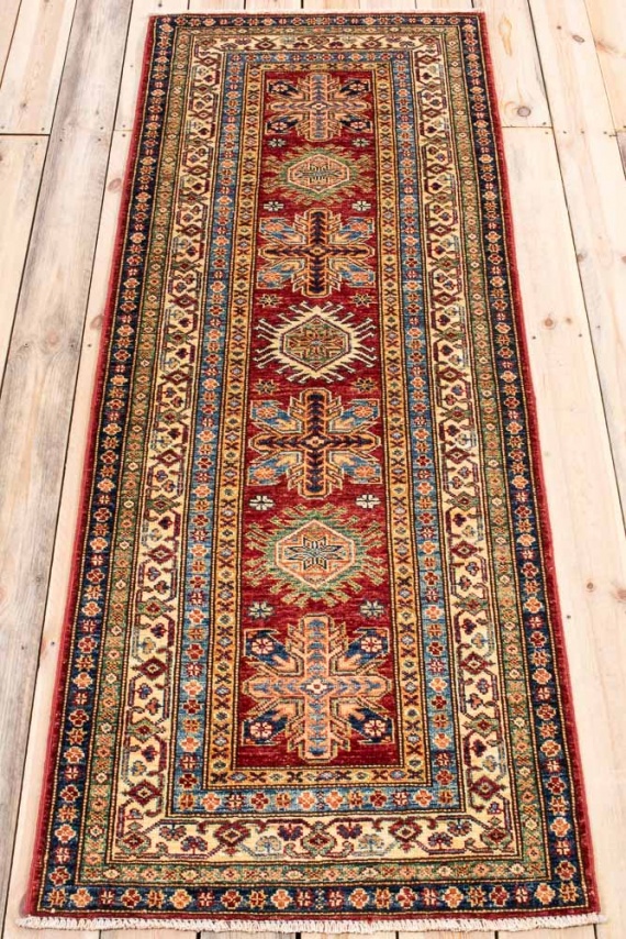 11527 Fine Red Afghan Kazak Hallway Runner Rug 77x202cm (2.6 x 6.7ft)