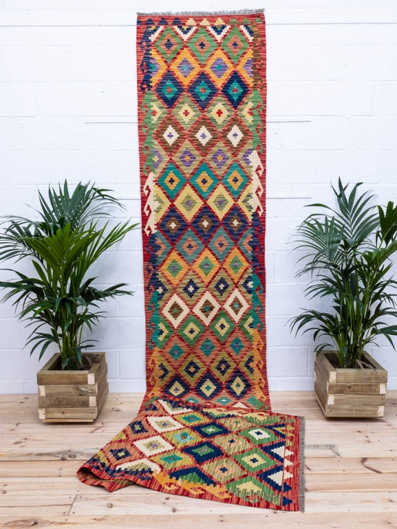 11781 Long Afghan Vegetable Dyed Kilim Runner Rug 86x487cm (2.10 x 15.11ft)