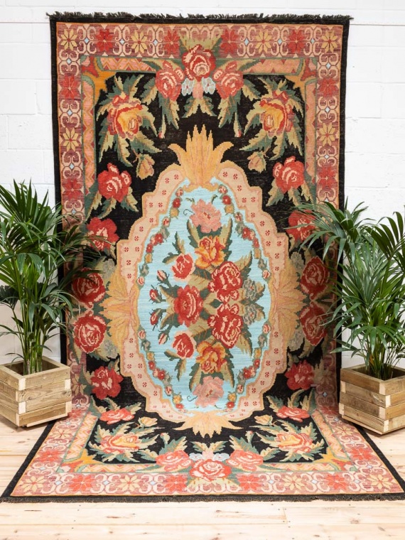 12104 Vintage Moldovan Rose Flower Kilim Rug 190x370cm (6.2 x 12.1ft)