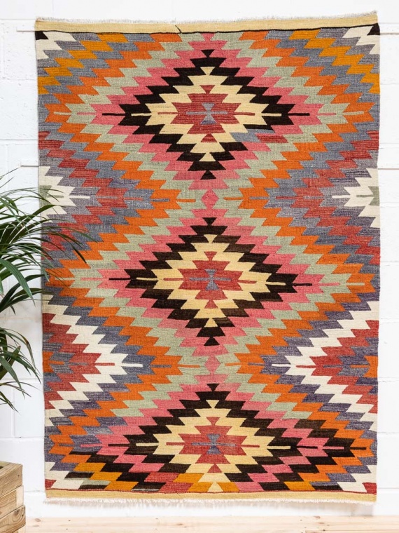 12123 Vintage Turkish Denizli Kilim Rug 131x183cm (4.3  x 6ft)