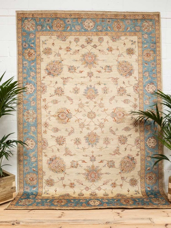 12221 Large Fine Blue Cream Afghan Ziegler Carpet 209x300cm (6.10 x 9.10ft)
