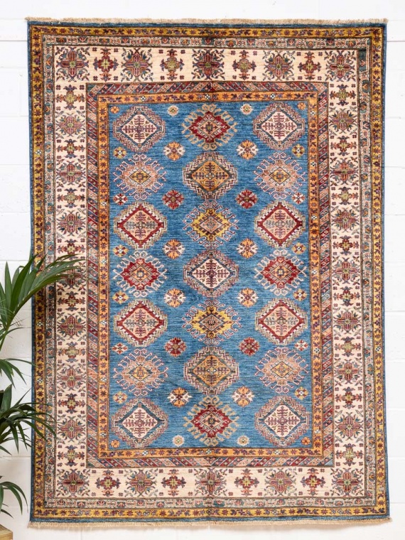 12224 Fine Afghan Blue Super Kazak Rug 164x233cm (5.4 x 7.7ft)