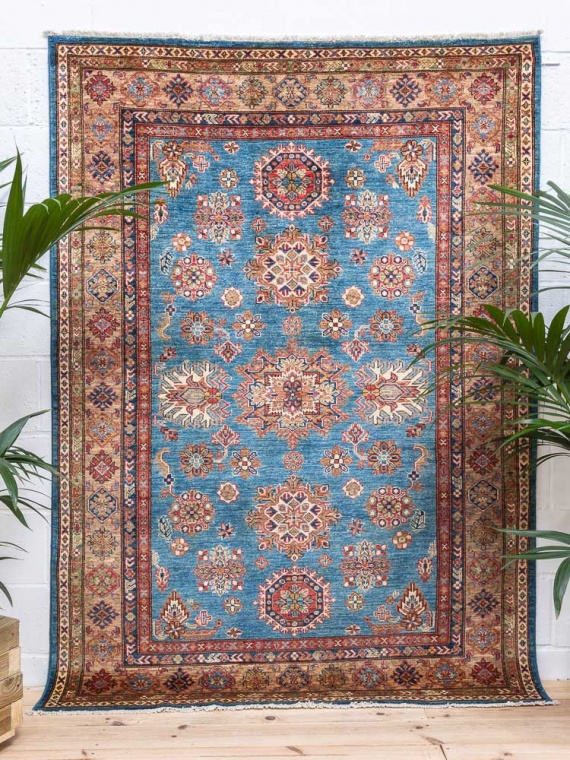 12338 Fine Afghan Blue Super Kazak Pile Rug 151x210cm (4.11 x 6.10ft)