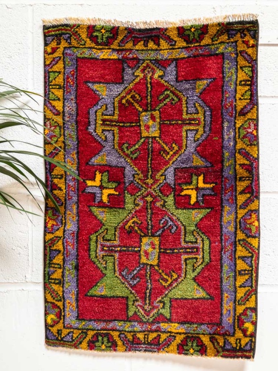 Purple Red & Green Vintage Turkish Konya Rug 51x80cm