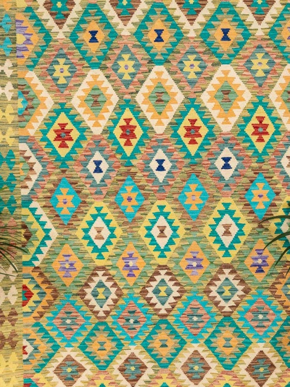 Large Afghan Vegetable Dyed Kilim Rug 169x234cm With Green & Turquoise