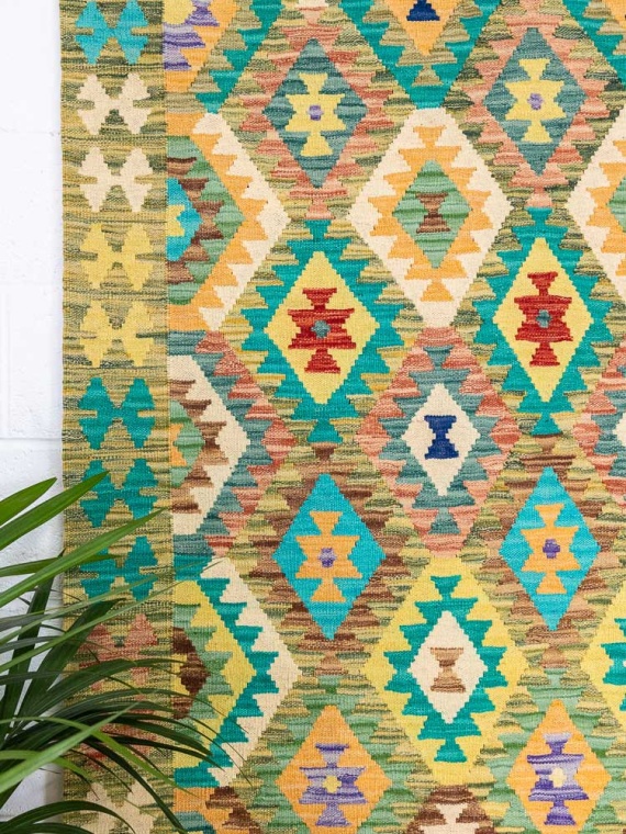 Large Afghan Vegetable Dyed Kilim Rug 169x234cm With Green & Turquoise