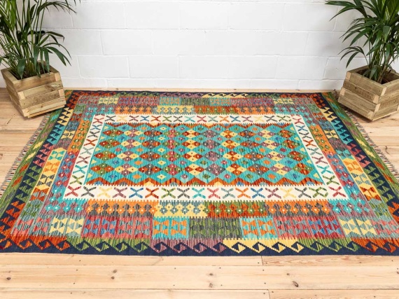 Afghan Vegetable Dyed Kilim Rug 184x247cm With Turquoise Colours