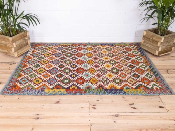 Colourful Afghan Vegetable Dyed Kilim Rug 140x189cm With Blue Border