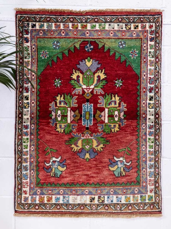 Vintage Turkish Afyon Dazkiri Prayer Rug 89x122cm With Green & Red