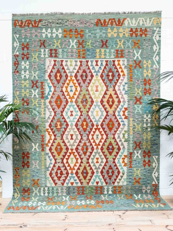 Large Afghan Vegetable Dyed Kilim Rug 169x234cm With Green & Turquoise