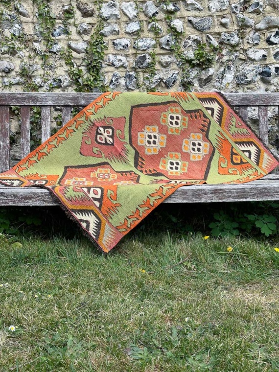 Dated 1977 Vintage Natural Dye Wool, Flat-Woven Kilim Runner