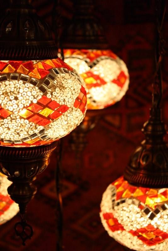 Turkish Red Orange White Five Lamp Mosaic Chandelier