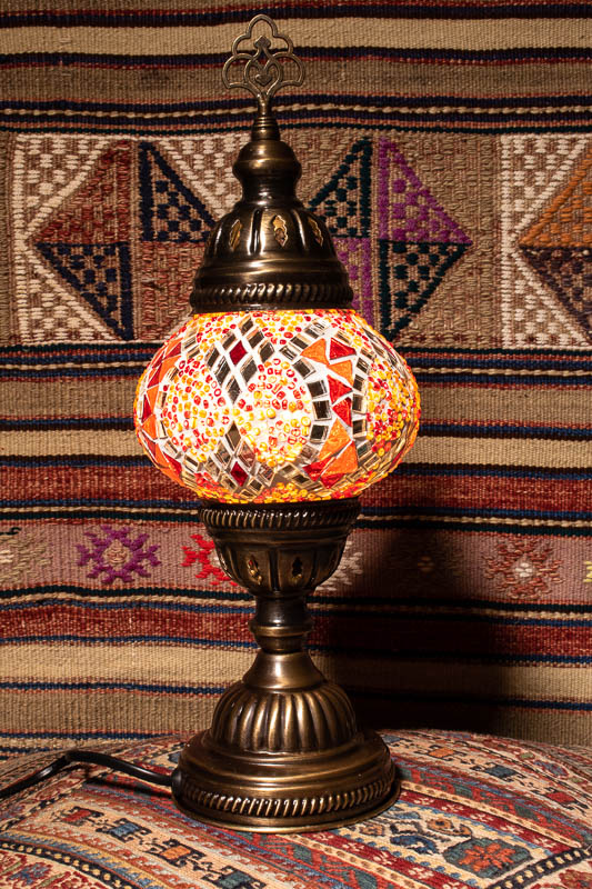 (TM12-RO) Small Red Orange Turkish Mosaic Electric Glass Table Lamp