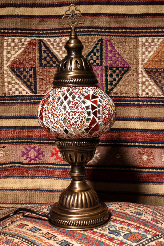 (TM12-RO) Small Red Orange Turkish Mosaic Electric Glass Table Lamp