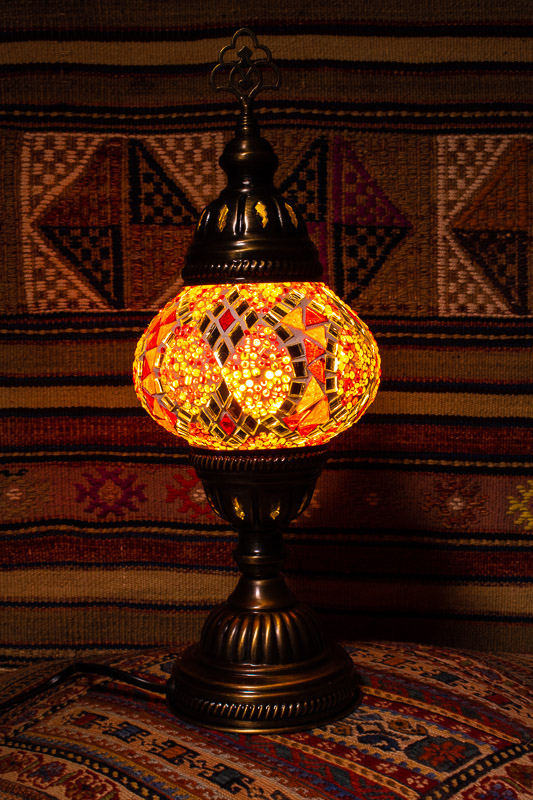 (TM12-RO) Small Red Orange Turkish Mosaic Electric Glass Table Lamp