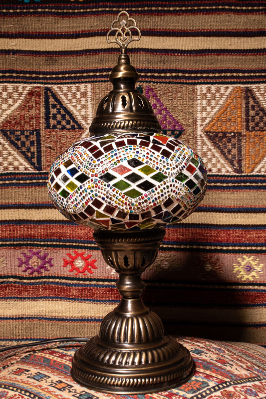 (TM14-YRK) Large Yellow Red Kilim Turkish Mosaic Electric Glass Table Lamp