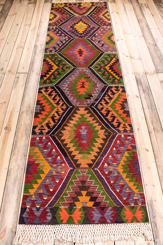 10747 Vintage Turkish Salihli Kilim Runner Rug 89x352cm (2.11 x 11.6ft)