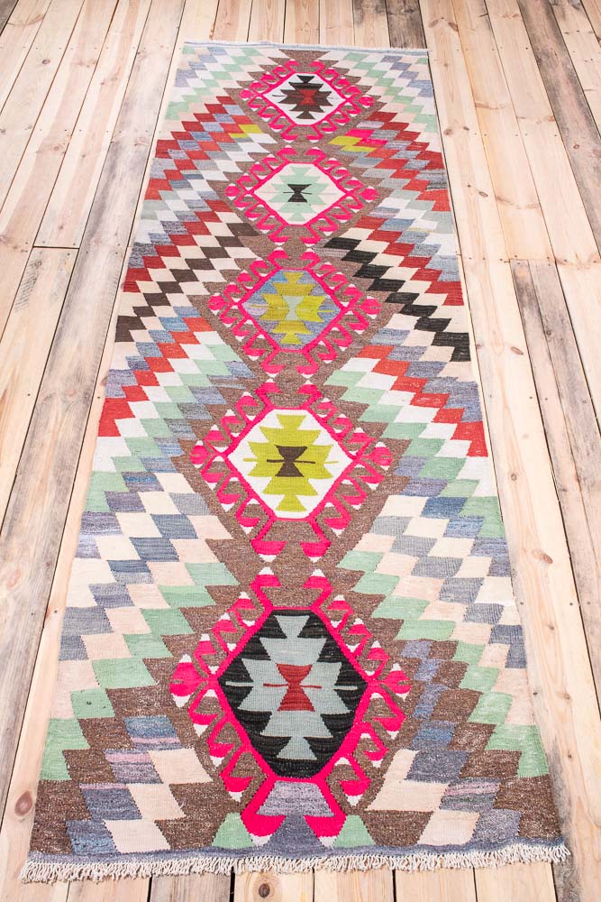 11198 Turkish Vintage Denizli Kilim Runner Rug 89x296cm (2.11 x 9.8ft)