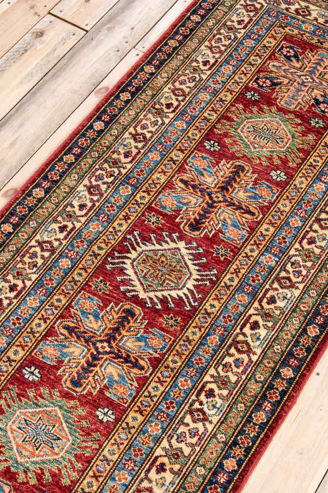 11527 Fine Red Afghan Kazak Hallway Runner Rug 77x202cm (2.6 x 6.7ft)