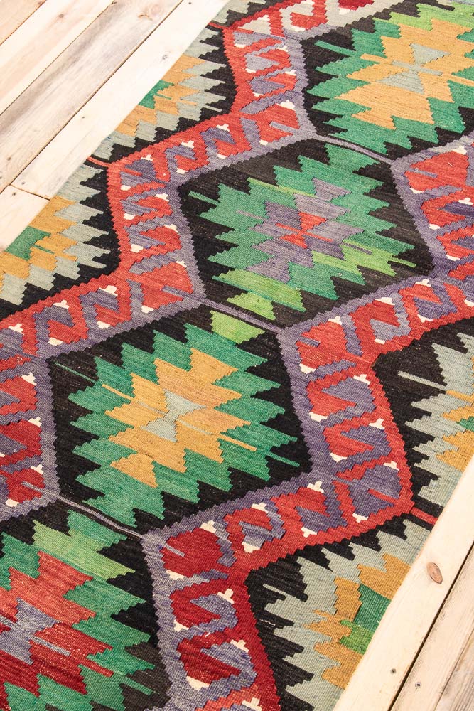 Vintage Turkish Kula Kilim Hallway Runner Rug 90x243cm With Greens