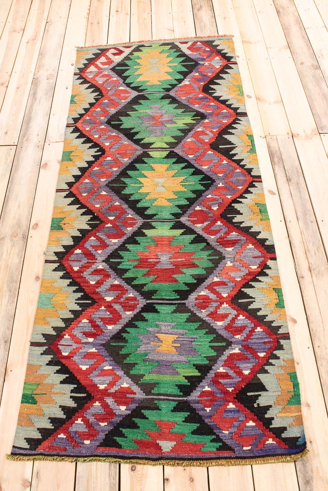 Vintage Turkish Kula Kilim Hallway Runner Rug 90x243cm With Greens