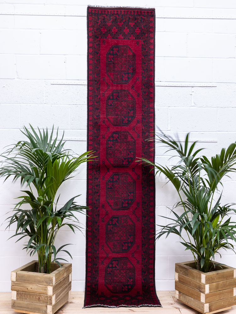 11930 Long Afghan Red Aq Chah Runner Rug 63x288cm (2.0 x 9.5ft)