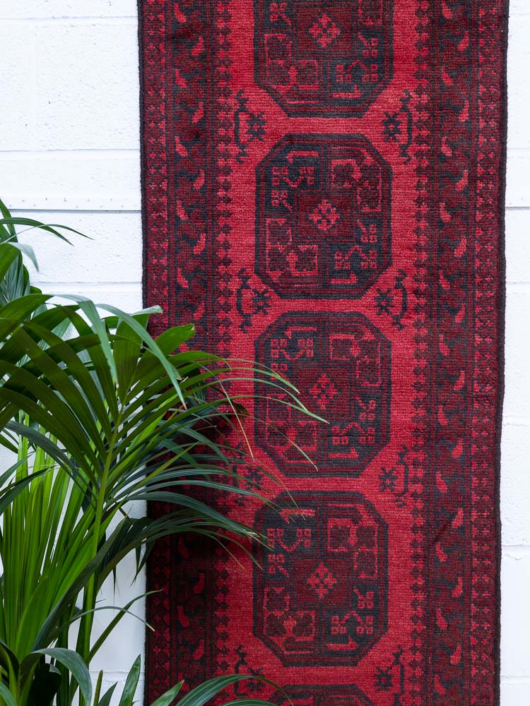 12025 Afghan Red Aq Chah Runner Rug 62x197cm (2.0 x 6.5ft)