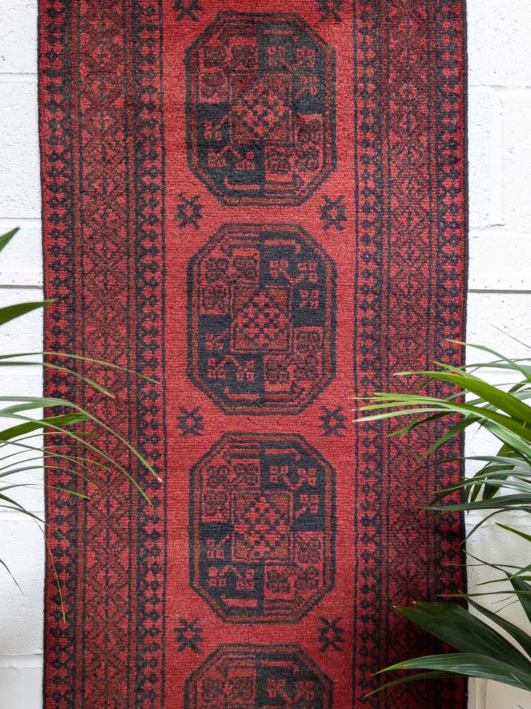 12052 Afghan Red Aq Chah Runner Rug 66x295cm (2.2 x 9.8ft)