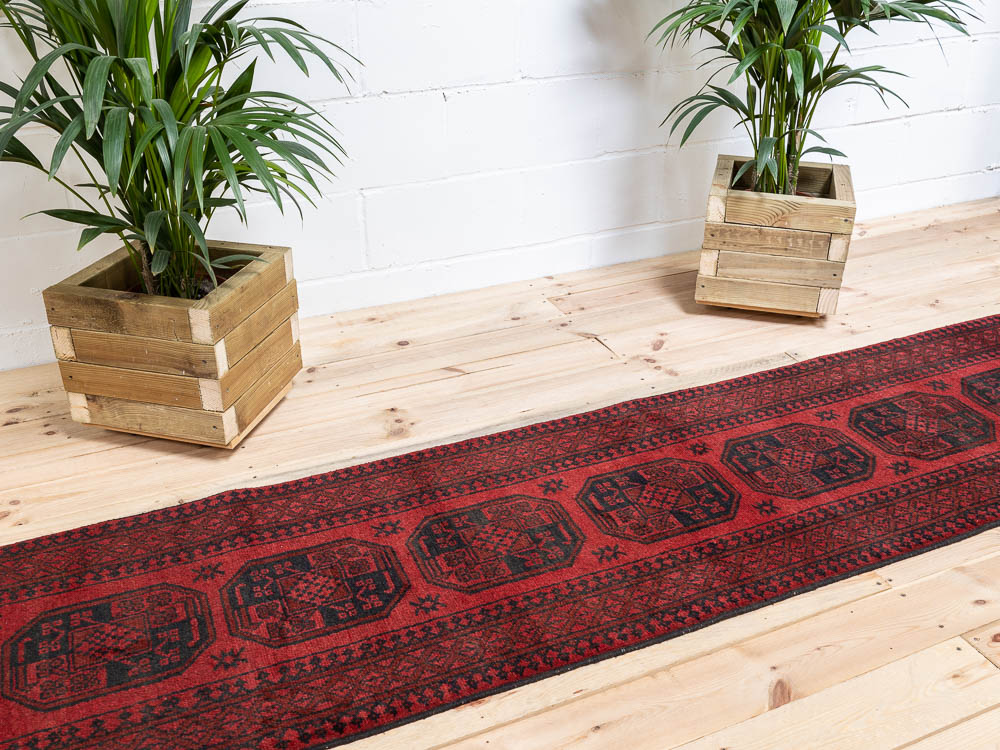 12052 Afghan Red Aq Chah Runner Rug 66x295cm (2.2 x 9.8ft)