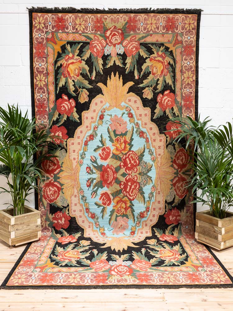 12104 Vintage Moldovan Rose Flower Kilim Rug 190x370cm (6.2 x 12.1ft)