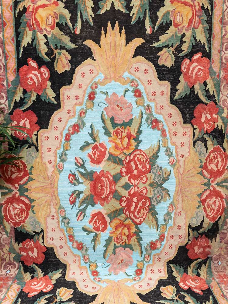 12104 Vintage Moldovan Rose Flower Kilim Rug 190x370cm (6.2 x 12.1ft)