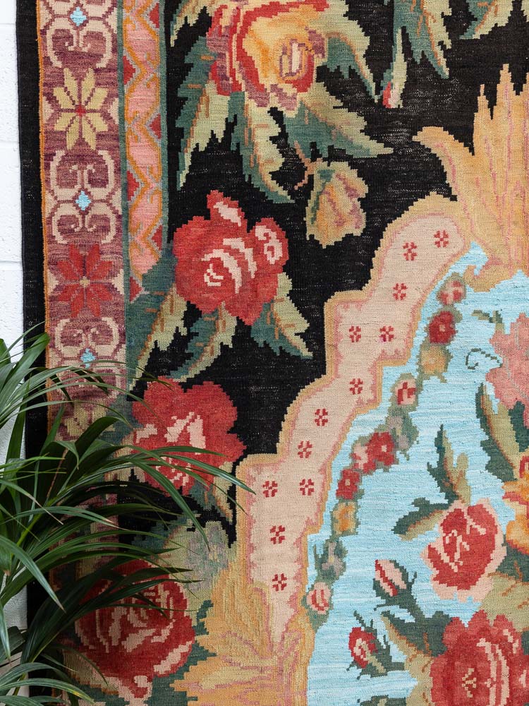 12104 Vintage Moldovan Rose Flower Kilim Rug 190x370cm (6.2 x 12.1ft)