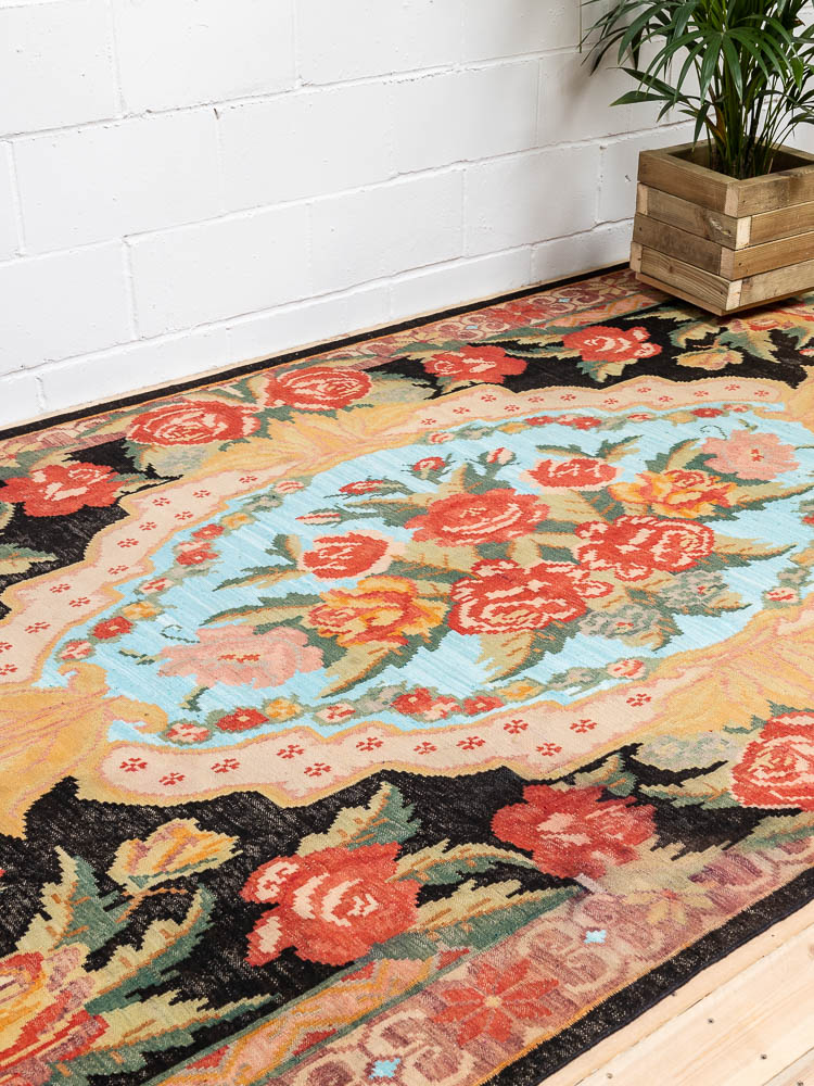 12104 Vintage Moldovan Rose Flower Kilim Rug 190x370cm (6.2 x 12.1ft)